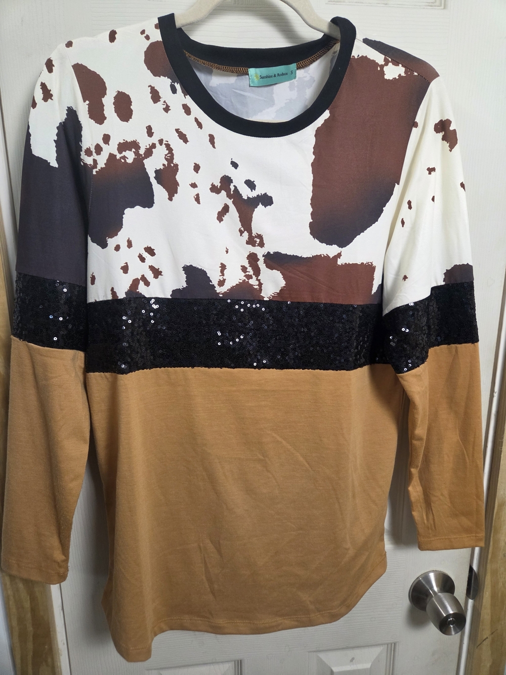 Western Rodeo Cow Print Sequin Accent Colorblock 3/4 Sleeve Top #0409